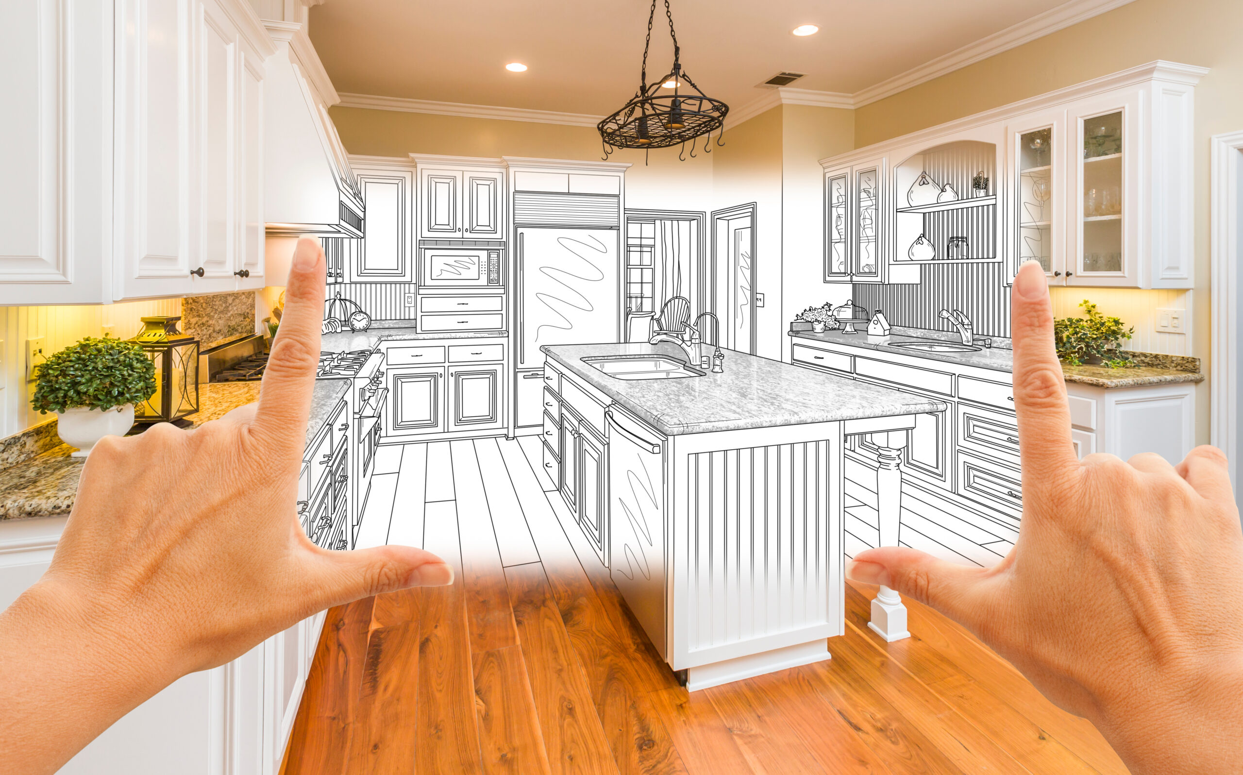 Female Hands Framing Custom Kitchen Design Drawing and Square Photo Combination.